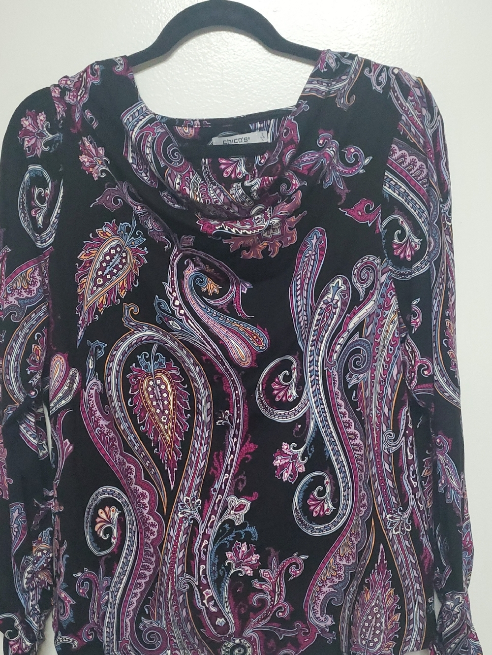 Chico's Black Paisley Tunic with Pink & Purple Accents
